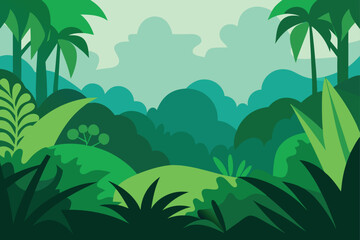 Lush Green Jungle Forest Background with Palm Trees and Tropical Plants Perfect for Nature Illustrations and Designs