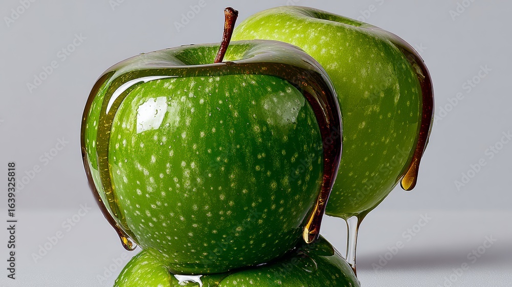 Poster three green apples with honey dripping from them. the apples are piled on top of each other. concept