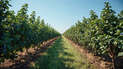 Obraz premium Extensive organic farm showcases rows of thriving blueberry plants bearing ripe, sweet berries beneath a bright sky, with vibrant green grass between the rows.