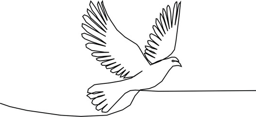 Continuous one line drawing of flying bird. Minimalist bird, dove, pigeon outline design. Editable active stroke vector.