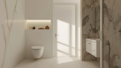 Restroom design showcasing a toilet bowl, storage shelves, and a washbasin in a white-themed room