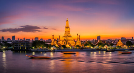 Vibrant Wat Arun at Sunset: A stunning view of the iconic Wat Arun temple at dusk, reflecting on the serene waters of the river.
