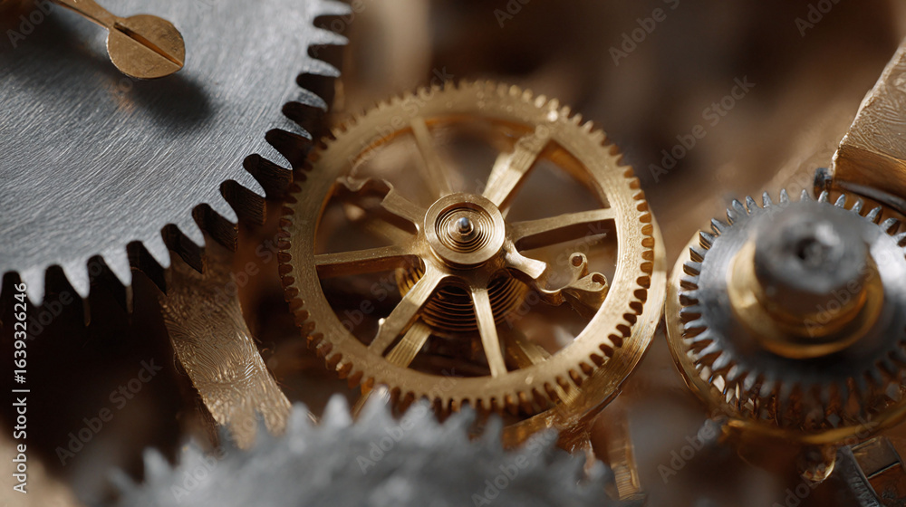 Poster intricate gears mesh in this closeup. gold and silver textures create a mechanical clockwork dream. 