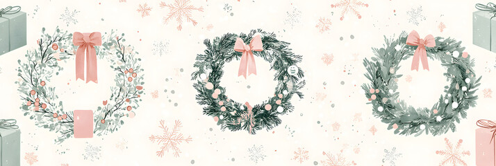 Holiday Wreath Pattern in Muted Green and Pink Tones