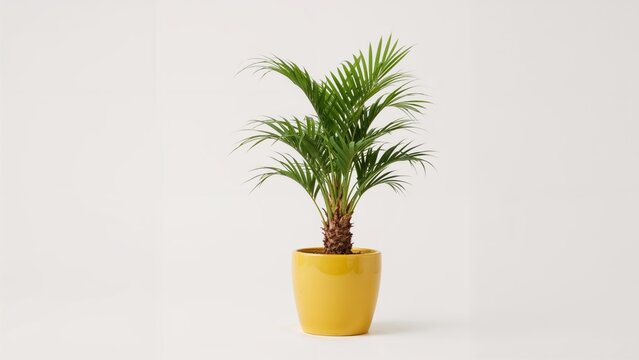 Single young parlour palm with vibrant green leaves in a bright yellow container