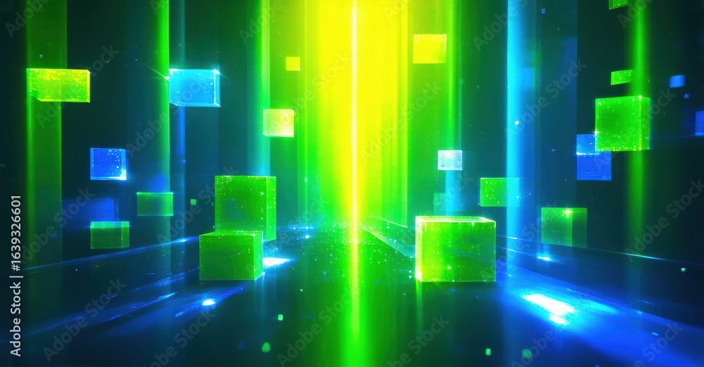 Poster abstract digital space. glowing cubes float within dark environment. bright lines create futuristic 