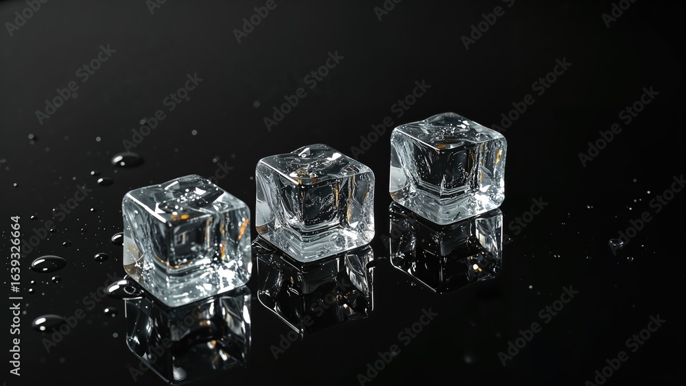 Poster ice cubes casting reflections on a dark background