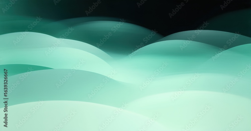Poster abstract waves, teal hues dominate. smooth layers create calming visual effect. minimalist design, s
