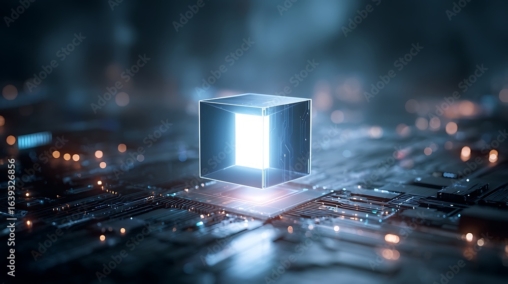 Poster abstract glowing cube floating over a circuit board with bokeh lights