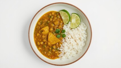 Spiced lentil stew served with steamed rice on a plain backdrop