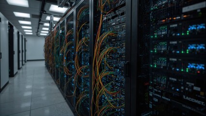 Data Center Concept Showcasing Ethernet Cables Connected to Internet Switch for Telecommunication and IT Network