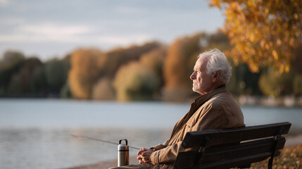 Thoughtful senior man resting on a park bench by a tranquil lake, lost in reflection. Evokes peace, solitude, and the beauty of natures golden autumn.