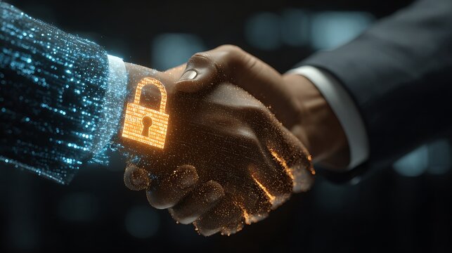 Handshake with Digital Security Lock Overlay for Data Protection - Powered by Adobe