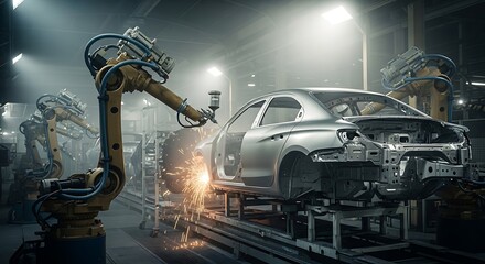 Robotic arms welding a car body in a modern automotive factory