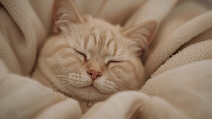 Portrait of a resting cat with closed eyes nestled on a gentle blanket surface.