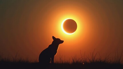 Dog silhouette against solar eclipse natural landscape wildlife photography evening glow serene viewpoint