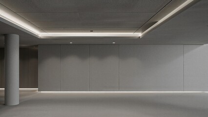Minimalist concrete hallway highlighted by pillars, lighting, and an unused mock-up section on the wall