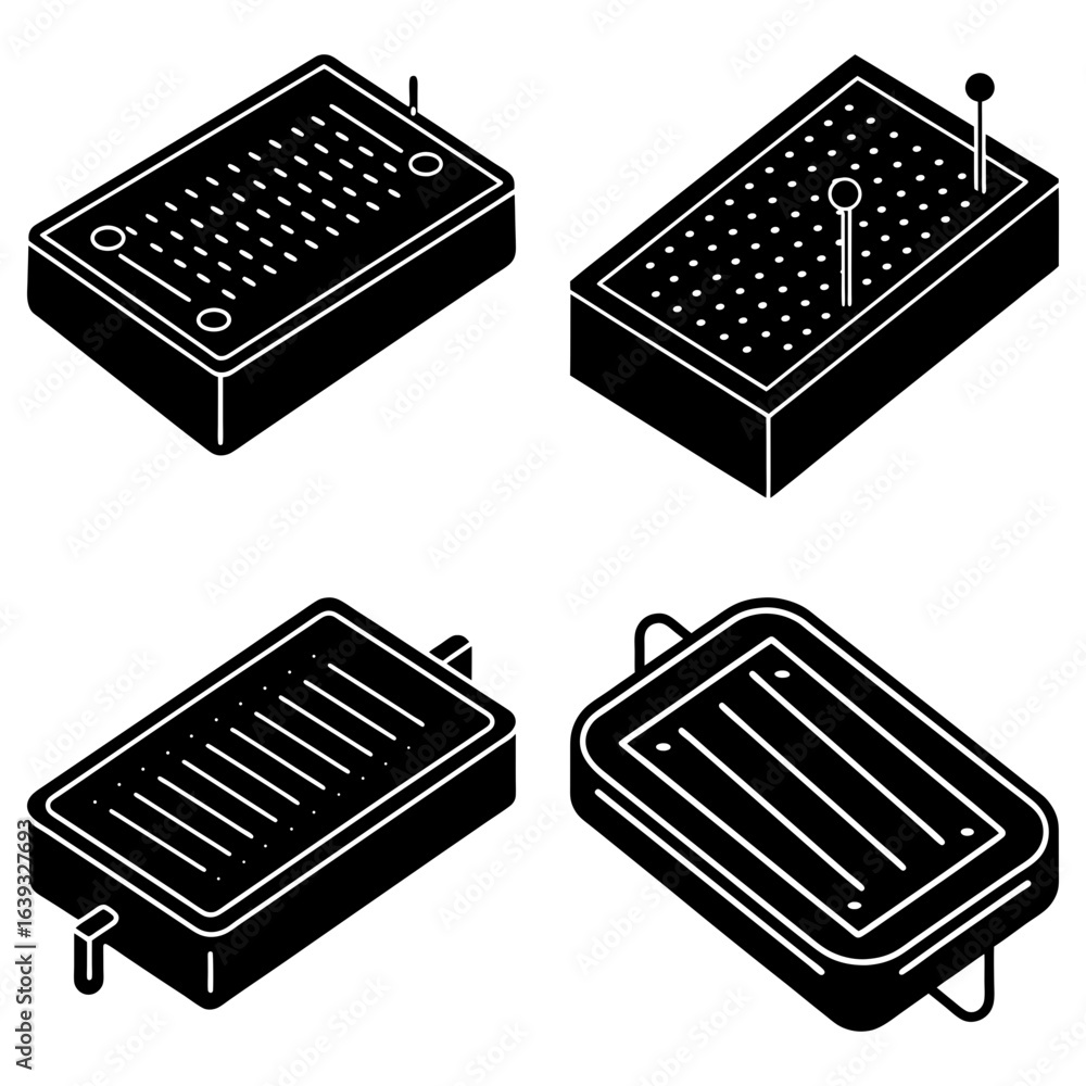 Poster isometric views of four black rectangular objects with varying surface designs and small protruding 