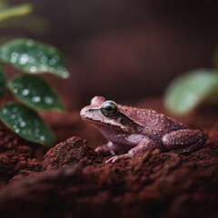 Obraz premium A captivating closeup of a frog on red soil with foliage. Evokes nature, resilience, and wonder. Ideal for conservation, wildlife, or environmental themes.