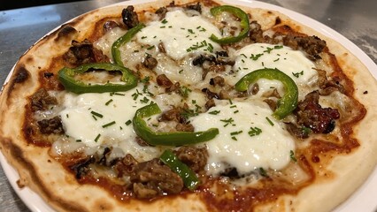 Flatbread Topped with Ground Meat, Green Peppers, and Cheese, Presented Traditionally