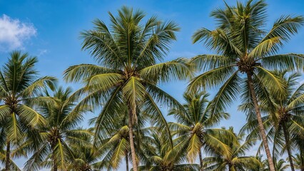 An idyllic view of tropical palms with fresh green foliage against a radiant blue sky, perfect for summer and nature themes.
