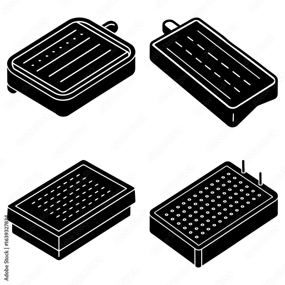 Poster isometric view of four different black trays with various hole patterns and shapes on a white backgr
