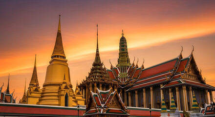 Fototapeta premium Golden Cityscape at Sunset: A breathtaking panorama of ancient temple architecture bathed in the warm hues of a radiant sunset, evoking a sense of historical grandeur and spiritual serenity.