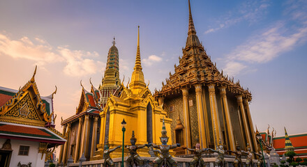 Fototapeta premium Golden Grand Palace: A striking panorama of the magnificent Grand Palace shimmering under a serene sunset, an emblem of Thailand's rich culture and architectural beauty.