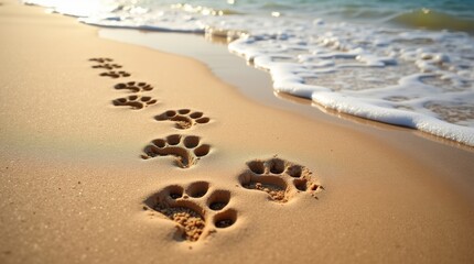Paw prints in the sand beach nature photography coastal environment serene viewpoint pet adventure concept