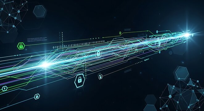 Abstract digital stream of data and light with glowing circuits and binary code