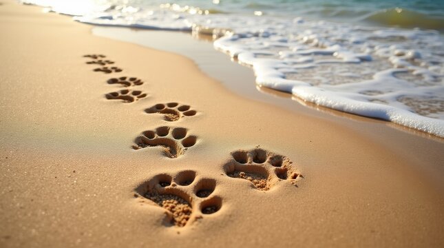 Paw prints in the sand beach nature photography coastal environment serene viewpoint pet adventure concept