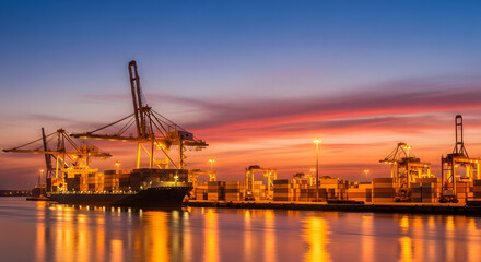 Fototapeta premium Industrial Sunset: Illuminated cargo cranes dominate the harbor at dusk, alongside the tranquil water, as the fiery sky paints the industrial landscape with vibrant colors. 