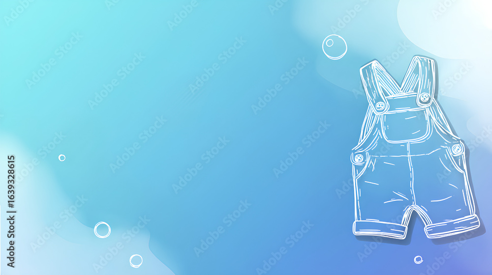Poster cute line illustration of baby overalls placed on the bottom right corner with soft gradient backgro