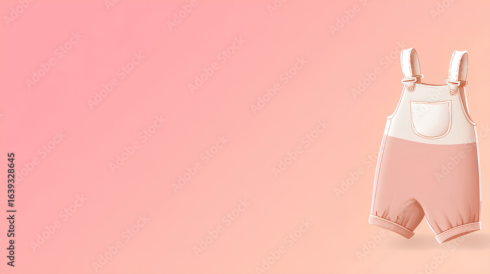 Poster cute line illustration of baby overalls placed on the bottom right corner with soft gradient backgro