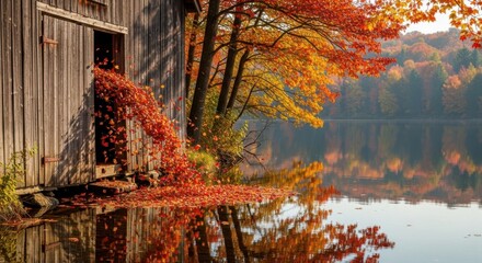 Autumn Trees and Reflection Near Rustic Wooden Boathouse by Calm Lake in Fall Season