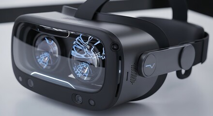 Close up of a modern virtual reality headset with glowing blue lenses
