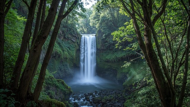 Lush green rainforest featuring podocarp and broadleaf trees with a stunning waterfall in long exposure.