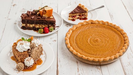 Assortment of chocolate and carrot cakes, apple cranberry strudel, and caramel pumpkin pie displayed on a vintage white wooden surface from a side perspective.