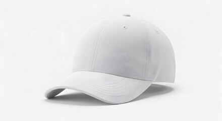A plain white baseball cap sits on a white surface, angled slightly to the left, with soft lighting.