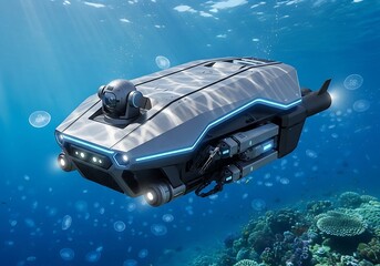Advanced underwater exploration robot with blue lights in clear blue ocean water
