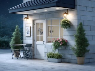 Cozy anime cafe at night with warm interior lighting highlights plants and inviting outdoor seating, providing a relaxing atmosphere for evening visitors.