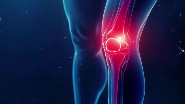 X-ray human painful knee highlighted by red glow, indicating injury or discomfort