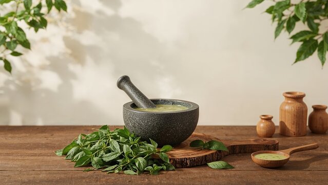 Boiled leaf mixture made with mortar and pestle to boost health against seasonal sickness.
