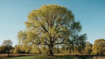Obraz premium A towering verdant tree basks beneath a clear azure sky, its lively green foliage dancing softly in the mild wind, evoking tranquility.