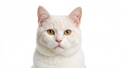 Close-up portrait of a British Shorthair cat gazing into the lens against a white backdrop