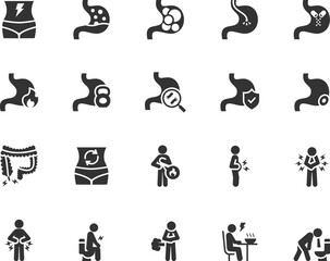Vector set of stomach disease flat icons. Contains icons stomach pain, flatulence, heartburn, diarrhea, belching, bloating, constipation, appendicitis, vomiting and more. Pixel perfect.