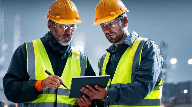 Two builders with gloves and hard hats pointing at tablet screen, modern infrastructure under development behind them.