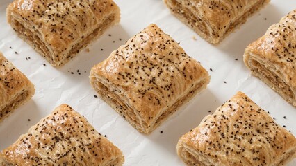 Slices of homemade poppy seed strudel displayed on a white background