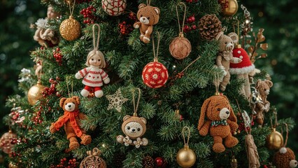 Handcrafted dolls hanging on branches. Adorable crocheted ornaments up close. Sustainable playthings.