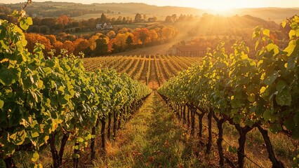 Autumn vineyard foliage illuminated by natural sunlight
